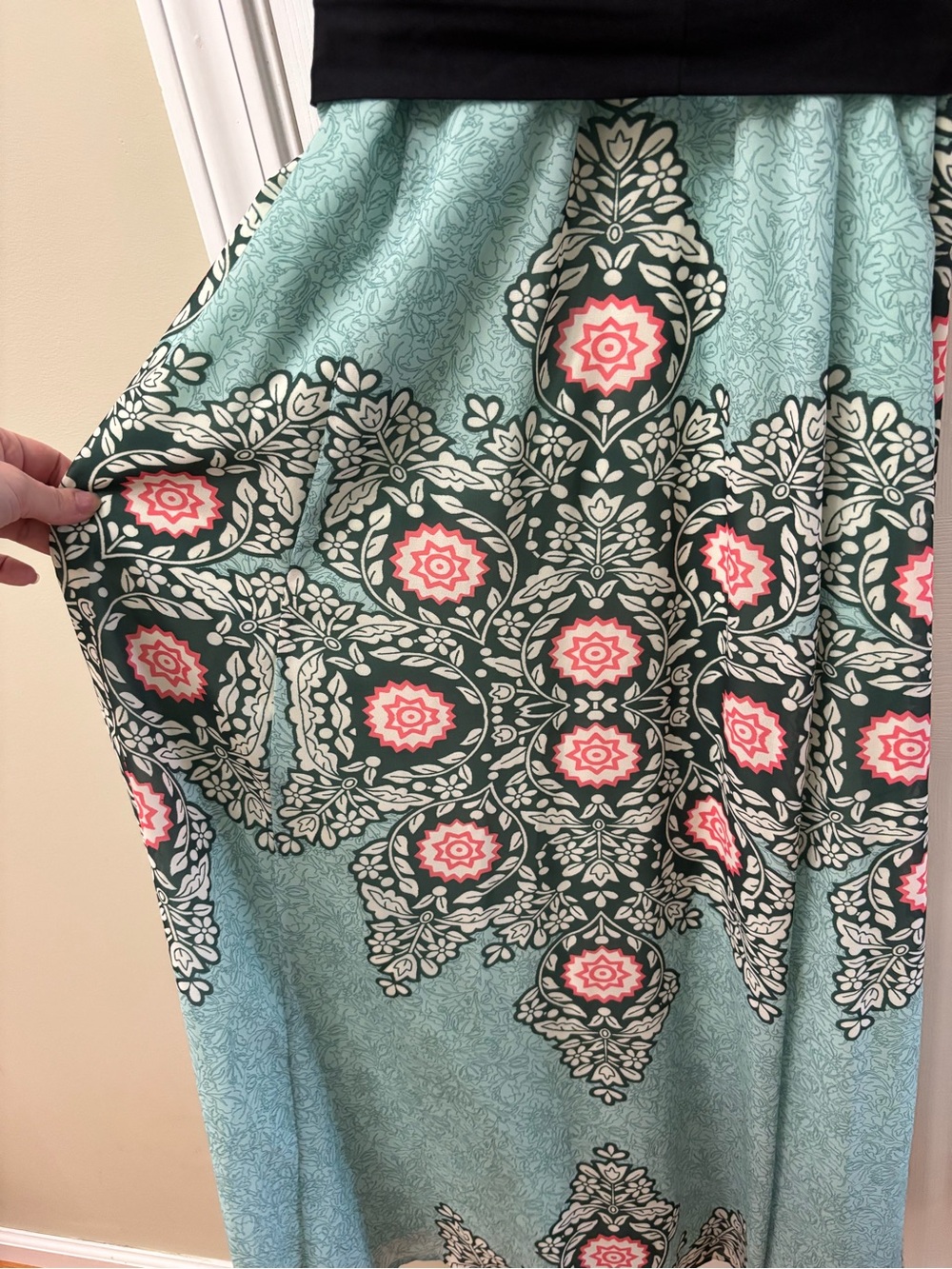 Eshakti Custom XL Black Wrap Midi Dress Green Floral Medallion Short Sleeve Tie - Picture 5 of 9